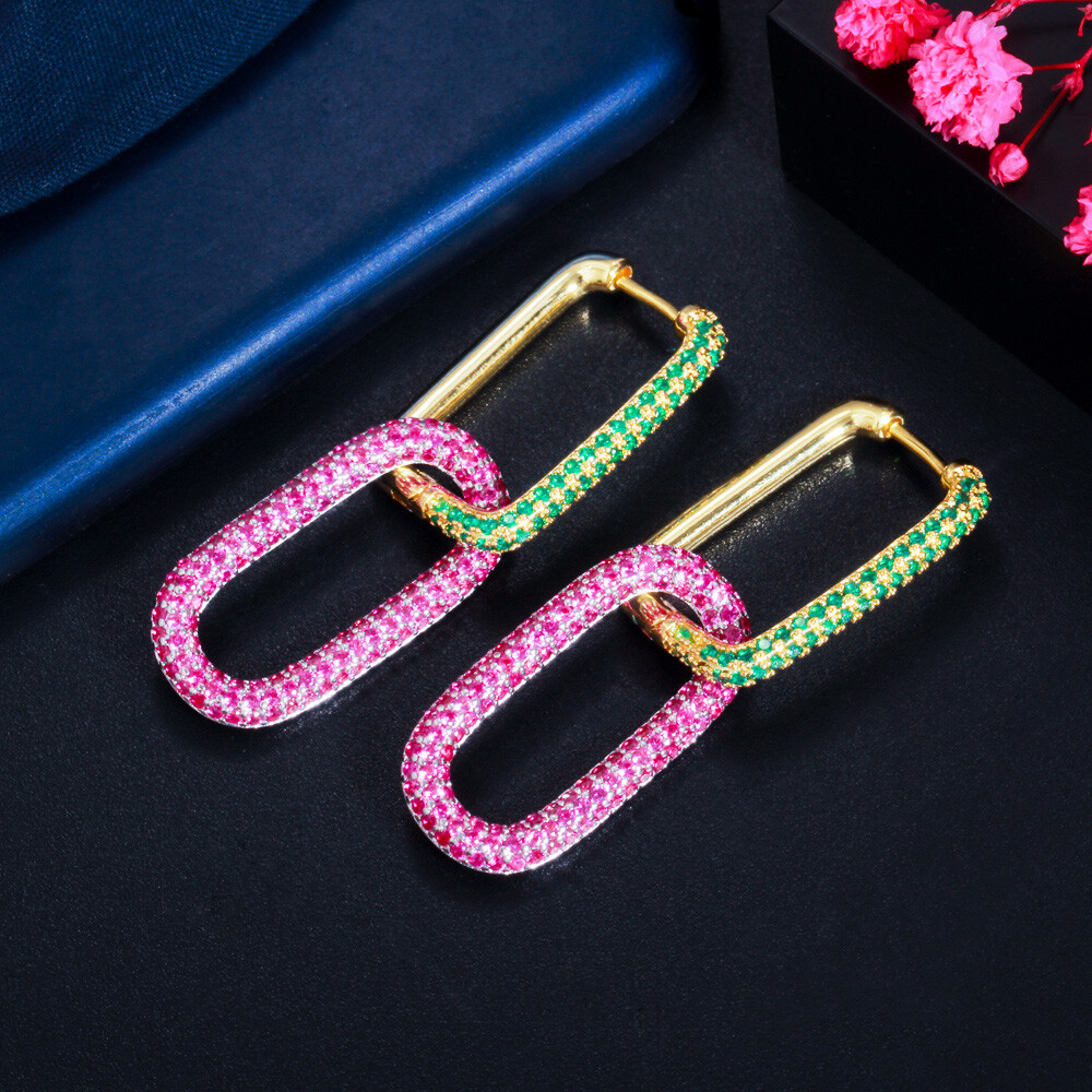 Gold Plated Mix Multicolor CZ Bridal Dangle Drop Rectangle Charm Hoop Earrings