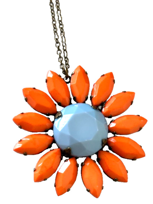 Artisan Boho Jewelry Set Orange Sequin Beaded Wide Cuff Flower Pendant Necklace