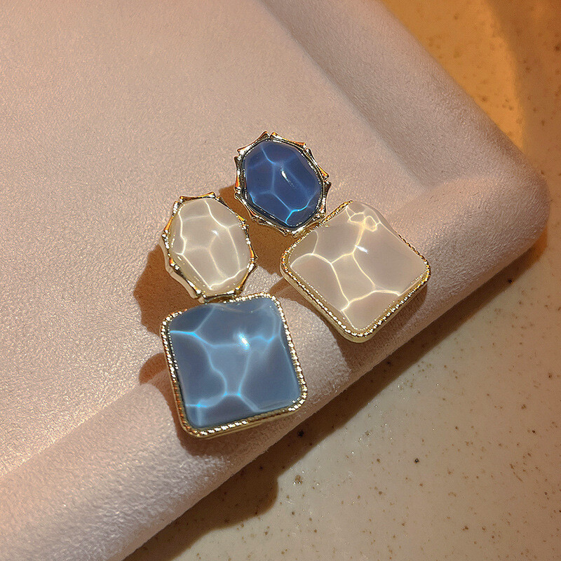 Water Ripple Resin Zicron Double Square Temperament Elegant Earrings For Women.