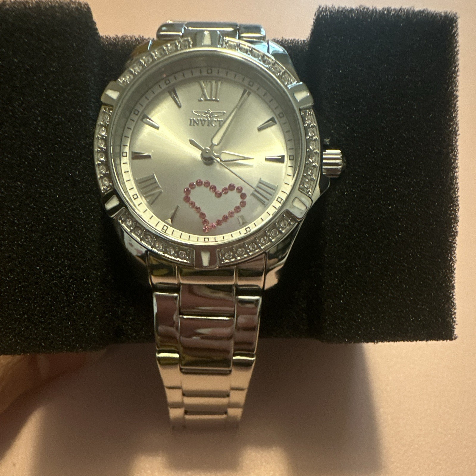 Invicta Women’s Quartz Analog Watch Silver SS Bracelet Heart Dial Gem-Set