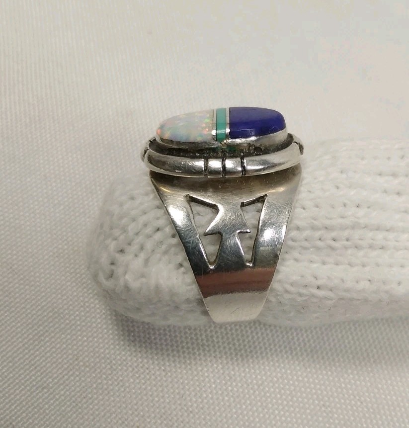 Navajo Inlay Sterling Silver Ring Lapis Opal Turquoise Signed JP Southwest Nice