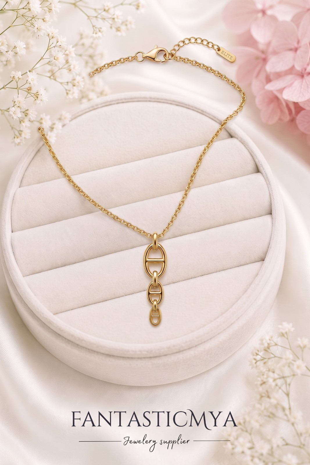 Stainless Steel 18K White Gold Plated Graduated Mariner Link Pendant Necklace