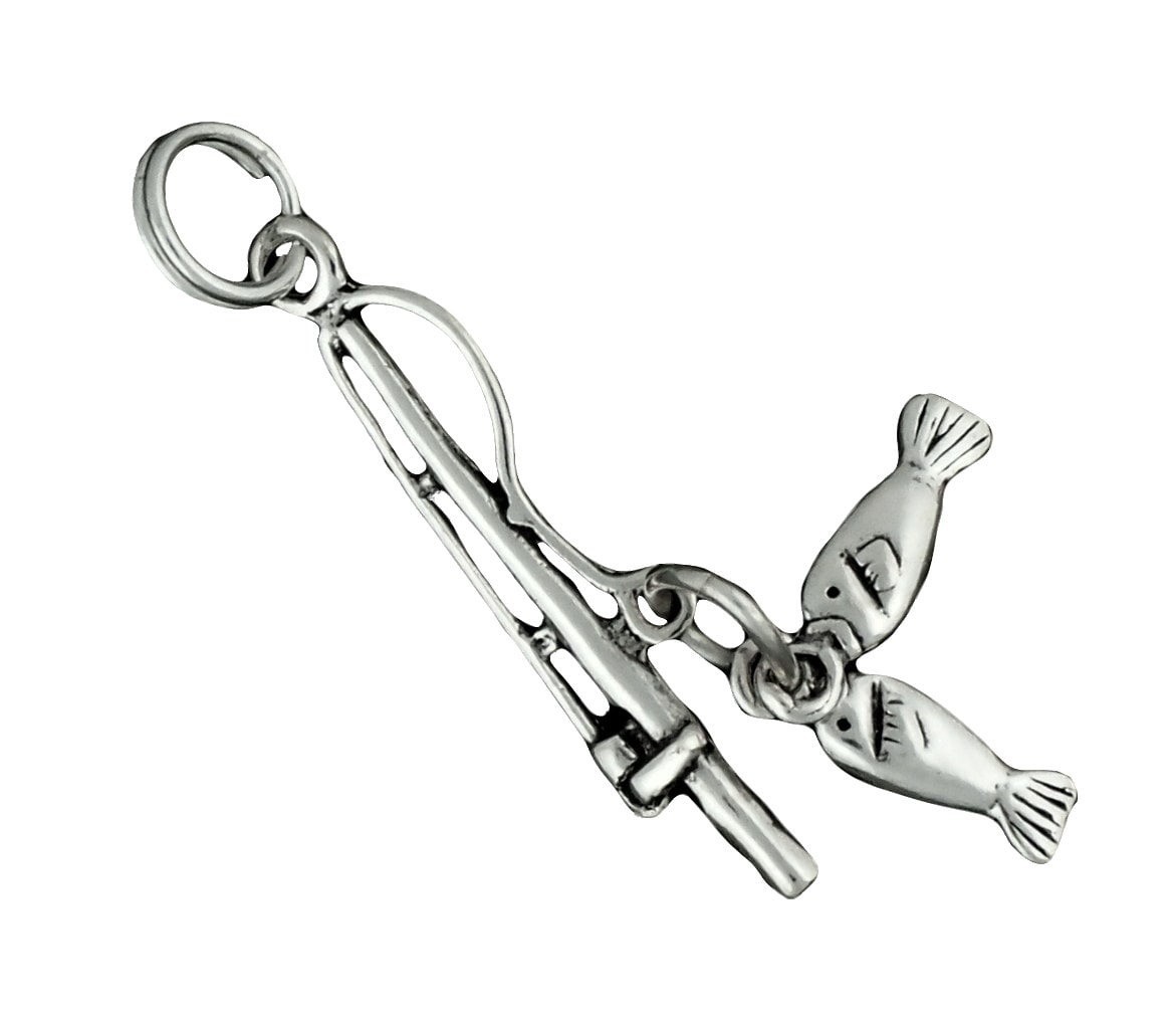 Fishing Pole Charm Sterling Silver Pendant 3d Fish Movable