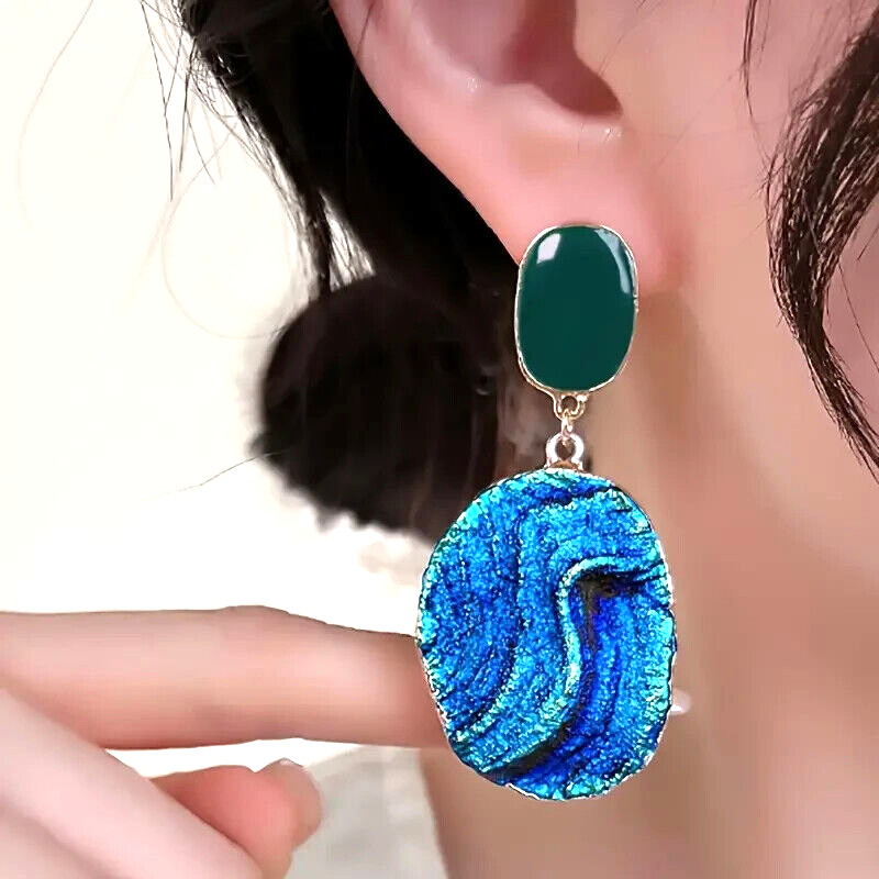Klein Blue Starry Sky Irregular Dangle Earrings With Golden Needle Textured Sky