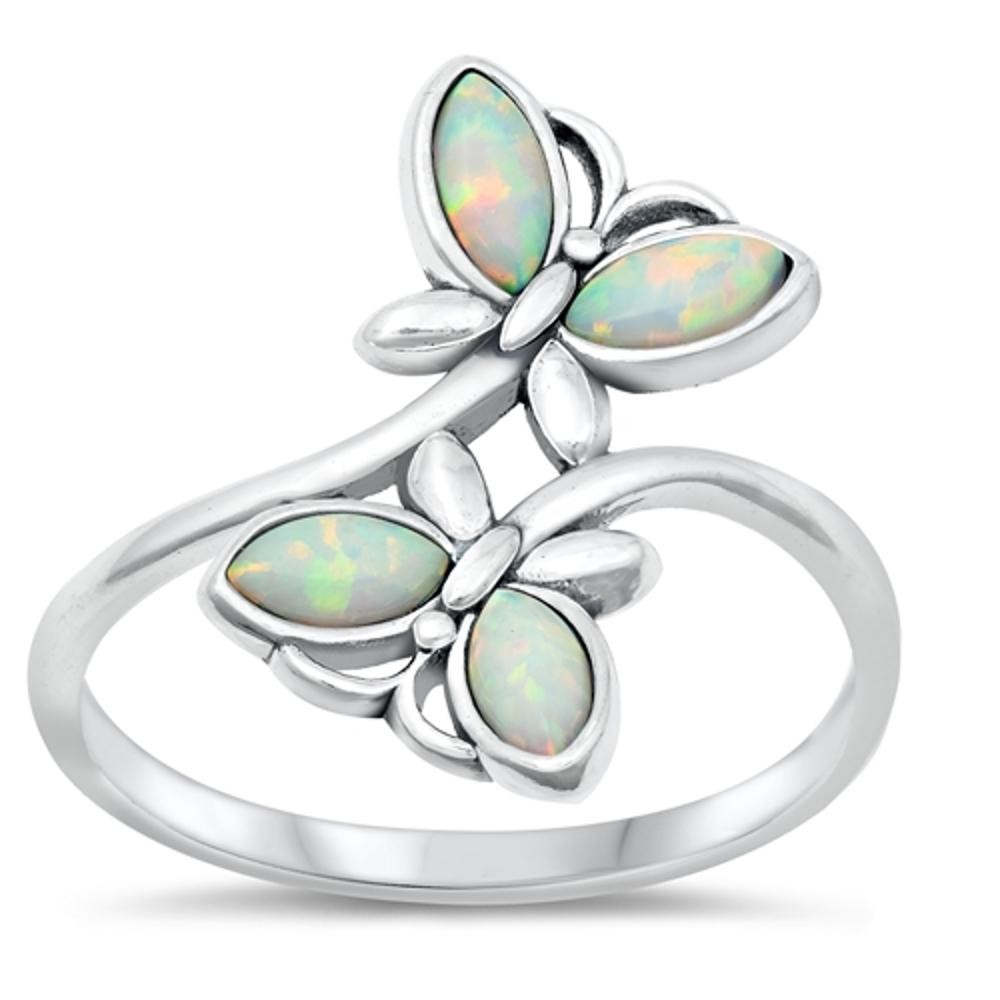 White Lab Opal Promise Ring New .925 Sterling Silver Butterfly Band Sizes 5-10