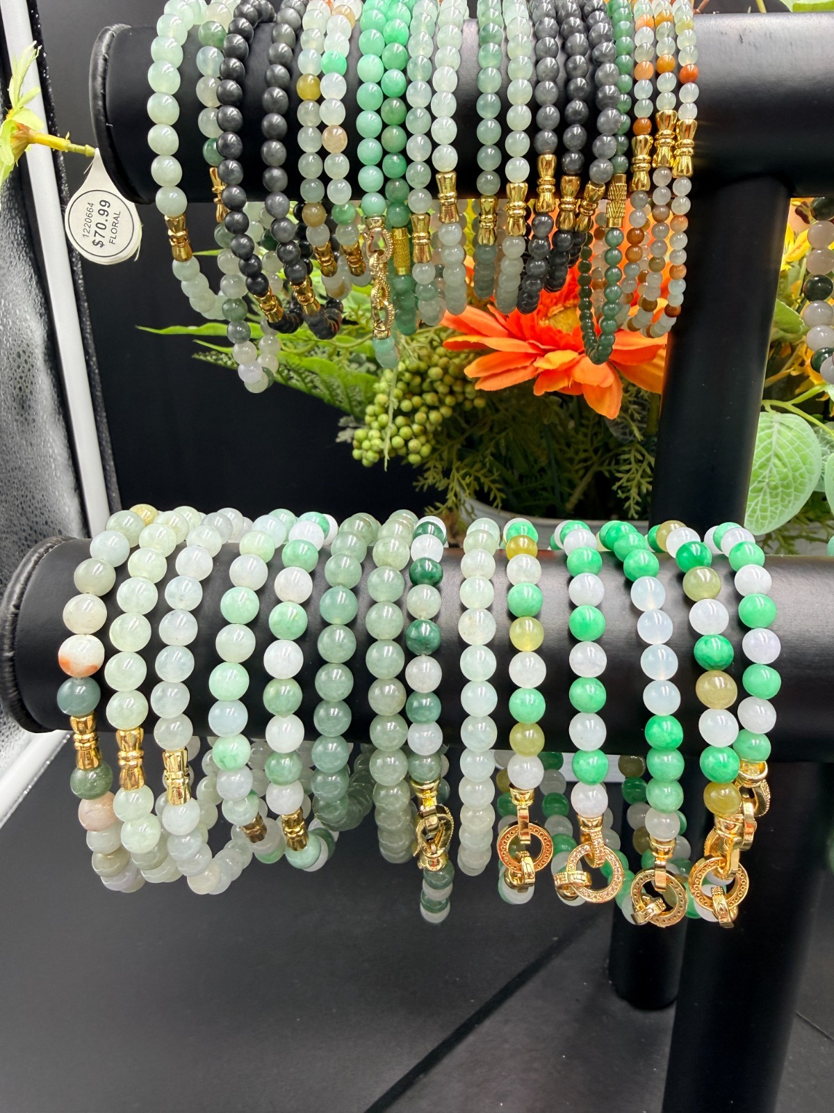 Certified Natural Jadeite Jade Beaded Bracelet Blue Green 6.9 mm #100185