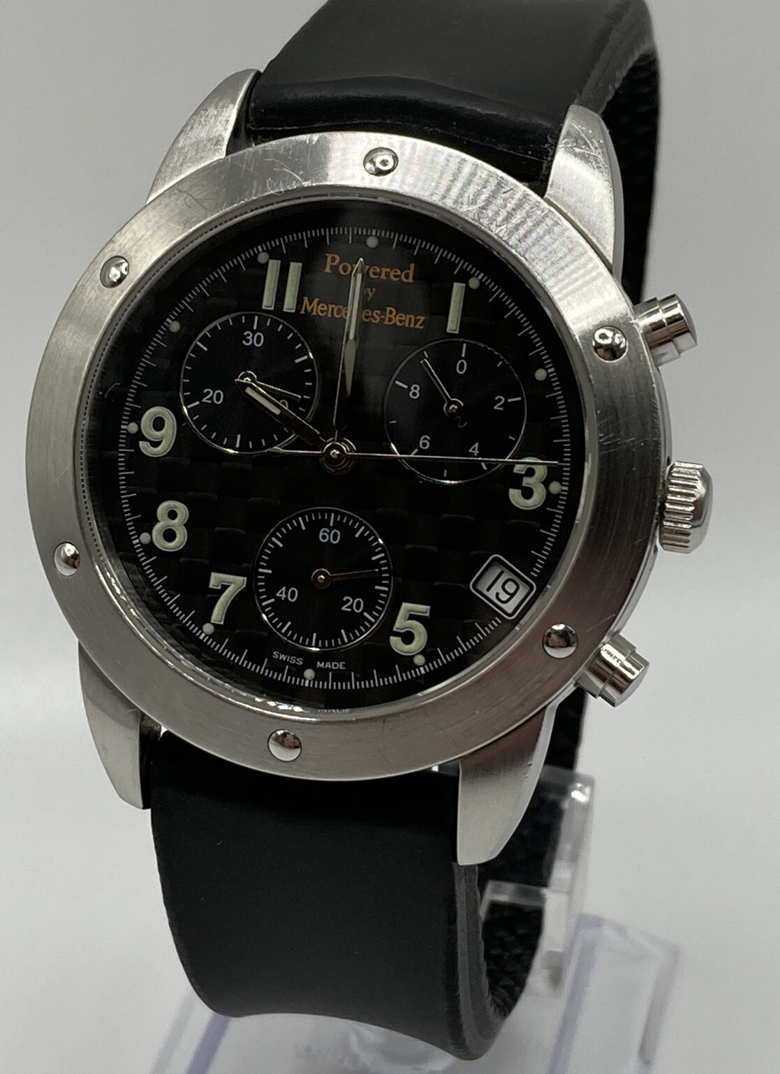 Mercedes Benz 467-280 Men’s Black Date Dial Chrono Resin Band Watch New Batt