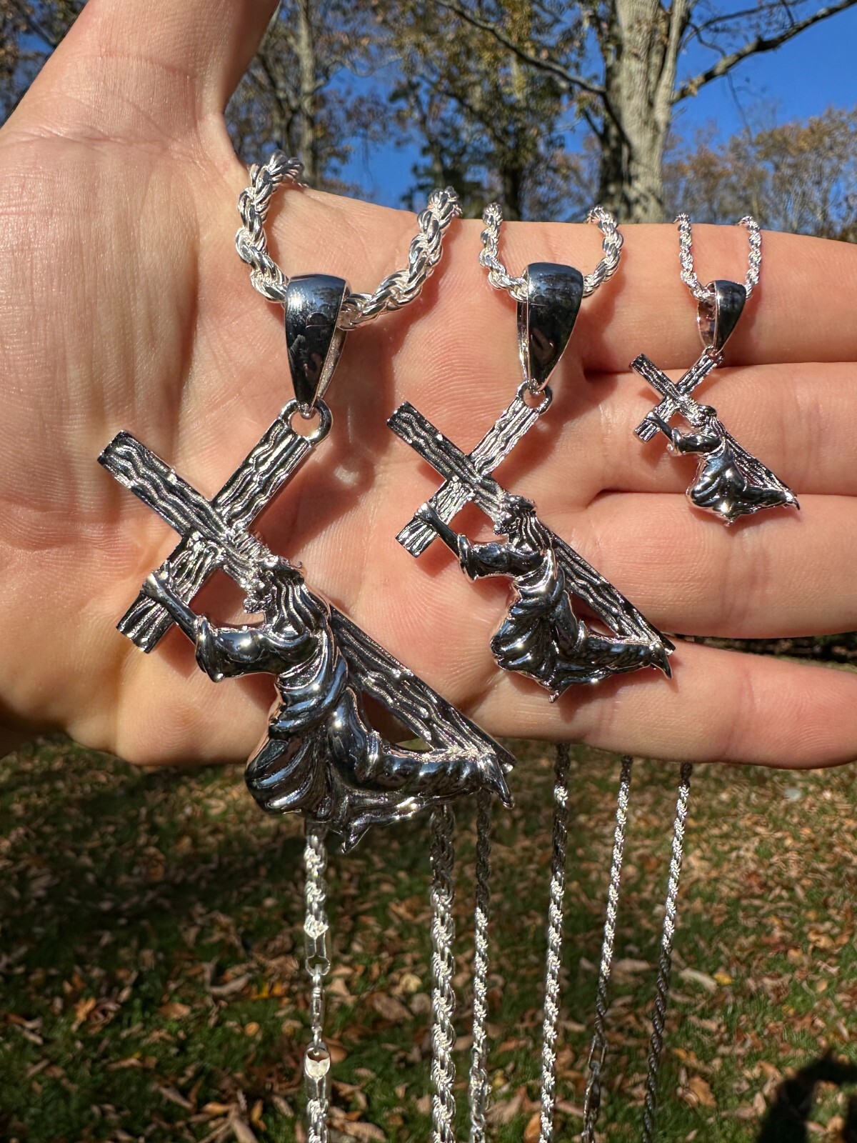 Jesus Carrying Cross Plain Crucifix Pendant Necklace 925 Sterling Silver 3 Sizes