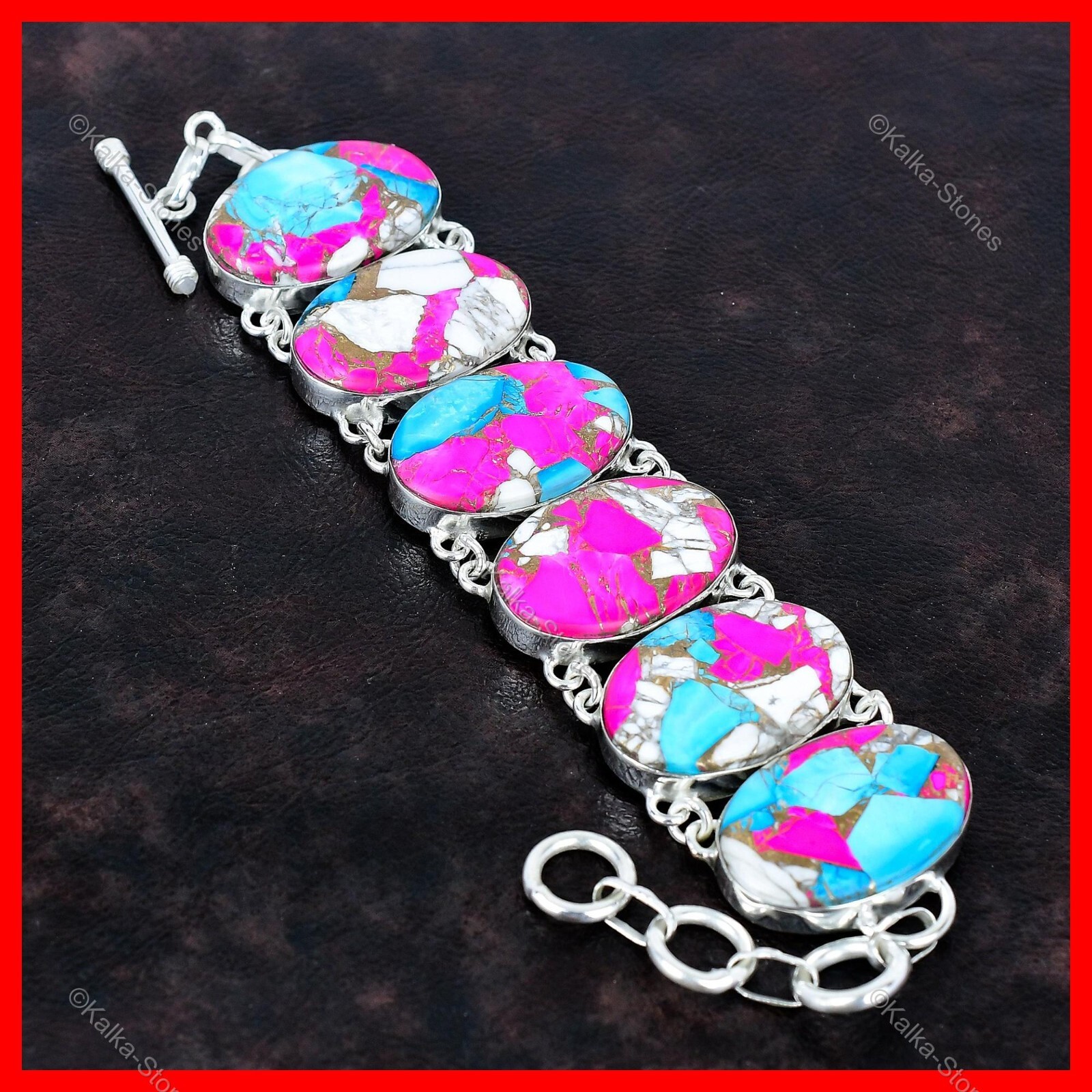 Cotton Candy Turquoise Gemstone Bracelet 925 Sterling Silver Adjustable Bracelet