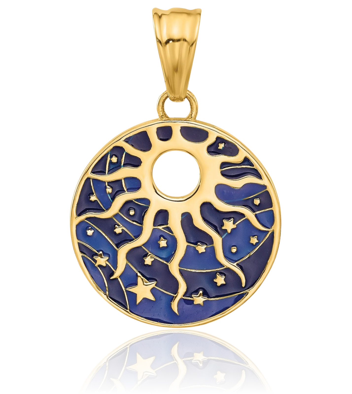 14K Solid Yellow Gold Medium Sun Stars Pendant Necklace 24.7mm 1 inch Polished