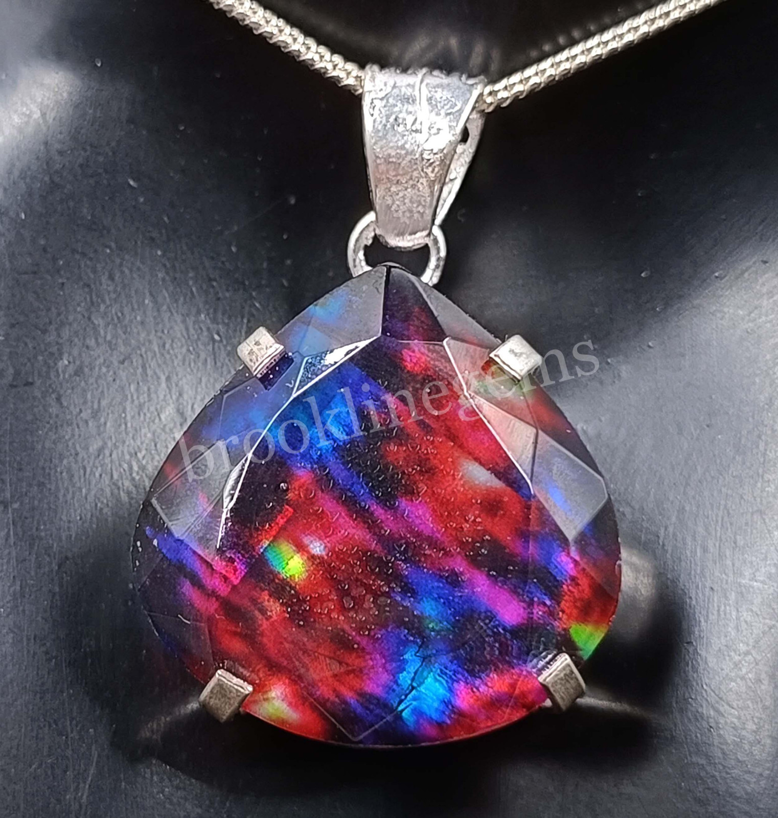74.65 Ct Pear Natural Ammolite Opal Doublet 925 Silver Pendant EGL Gems 5FRD