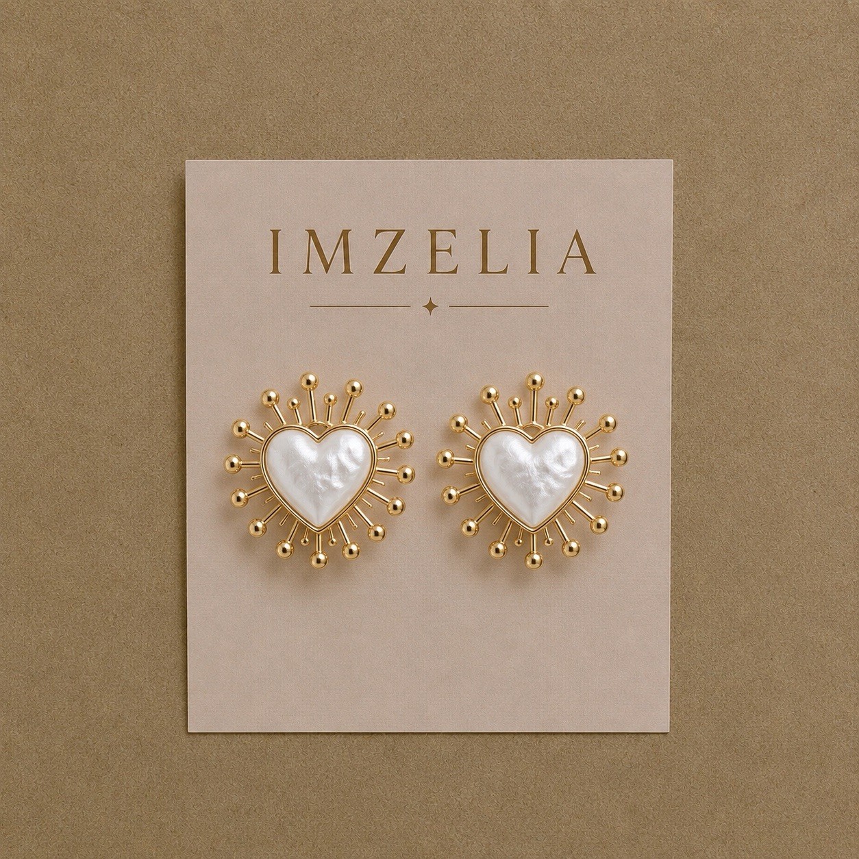Gold Heart Stud Earrings, Mother of Pearl Heart Earrings, Sunburst Earrings