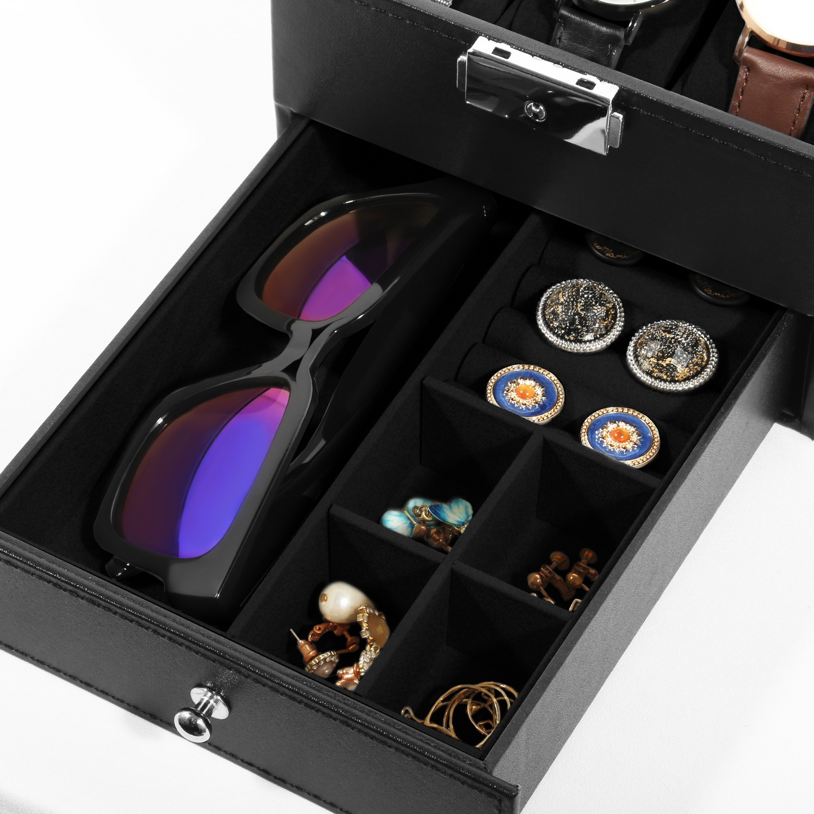 6 Slots Watch Box PU Leather Watch Case Jewelry Storage Glass Lid Display Case