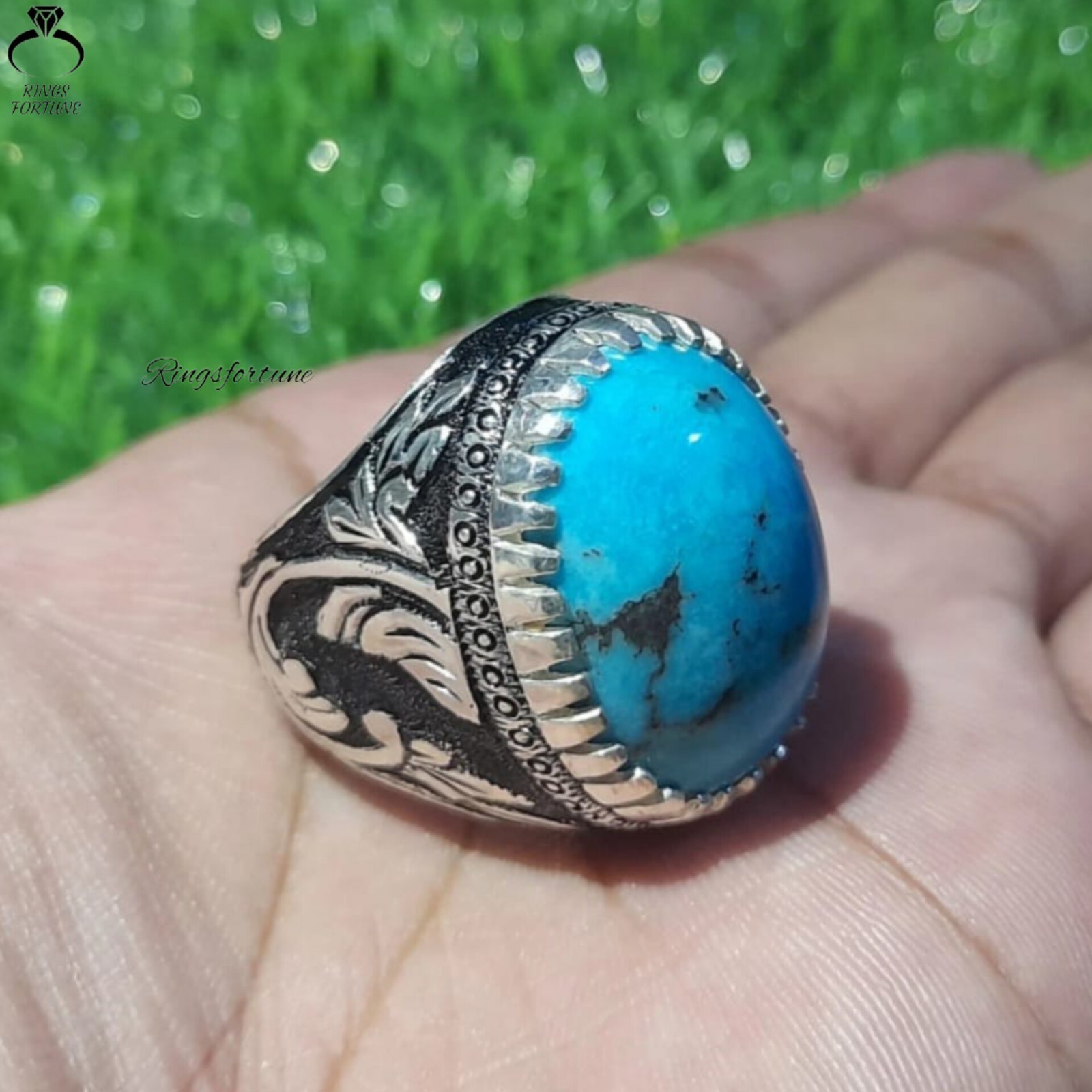 Persian Neyshabur Turquoise Ring for Men – 925 Sterling Silver Vintage Design