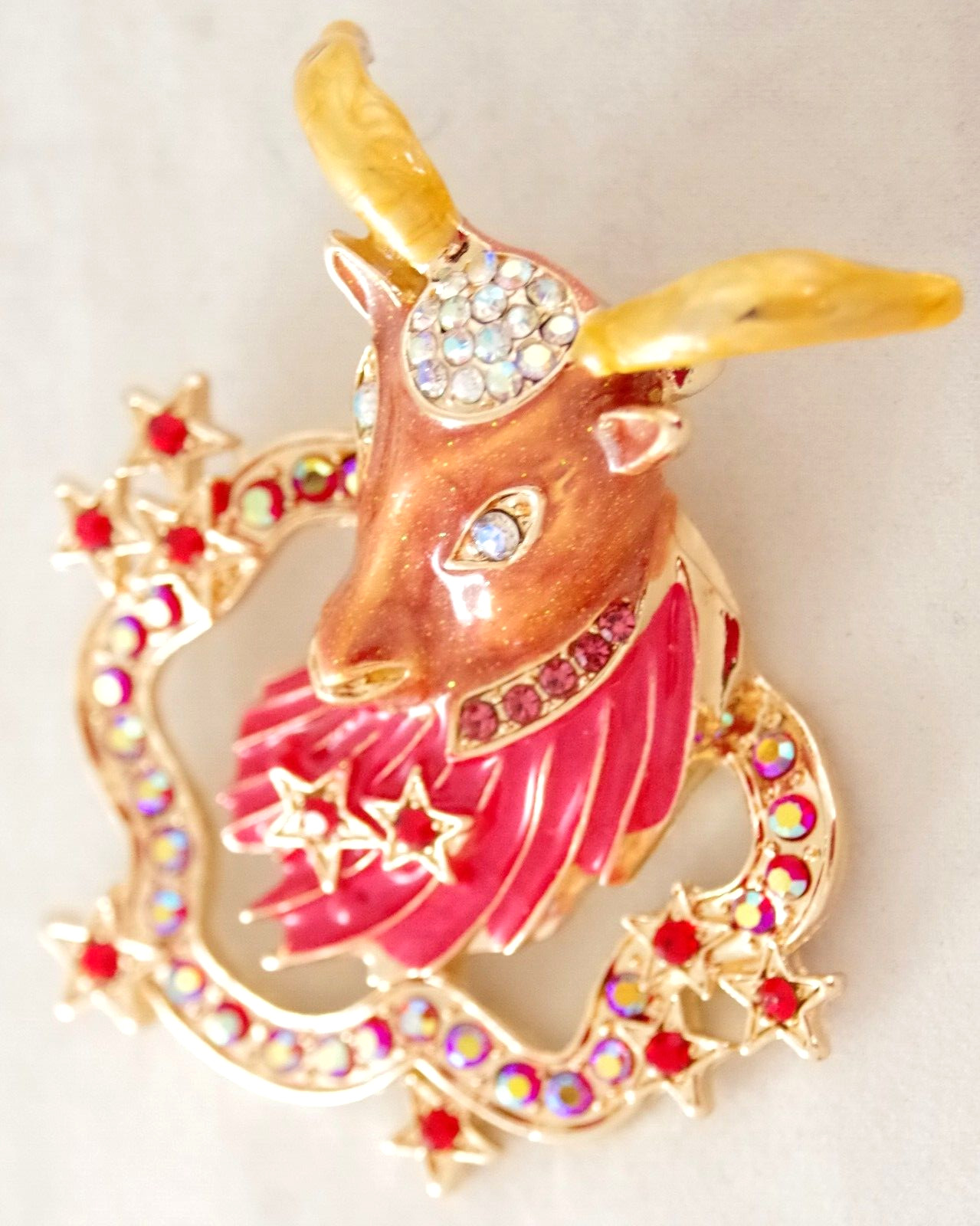 2.75″ DESIGNER STYLE CAPRICORN ZODIAC HOROSCOPE GOAT AB RHINESTONE BROOCH PIN