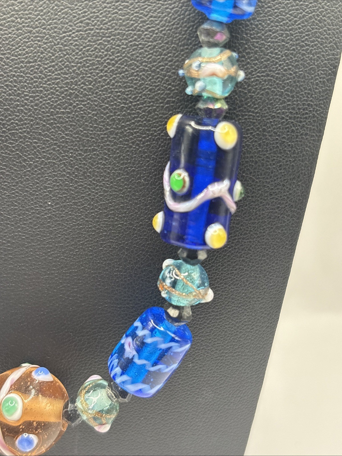 Vintage Artisan Lampwork Glass Beaded Necklace Cobalt Blue Turquoise Copper Tone