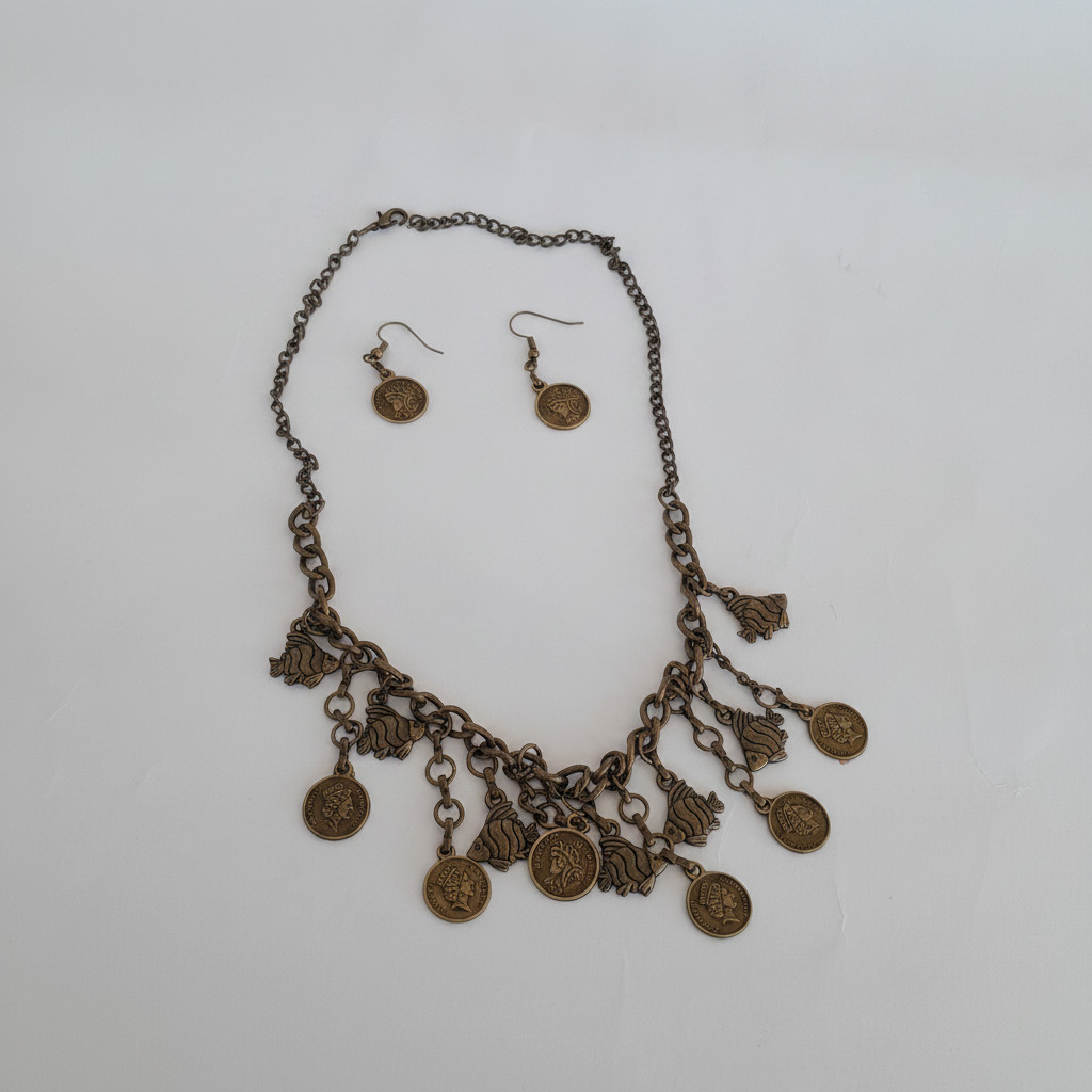 Vintage Boho Necklace & Dangle Earrings Set Unique Bronze Tone Lion Head Coin