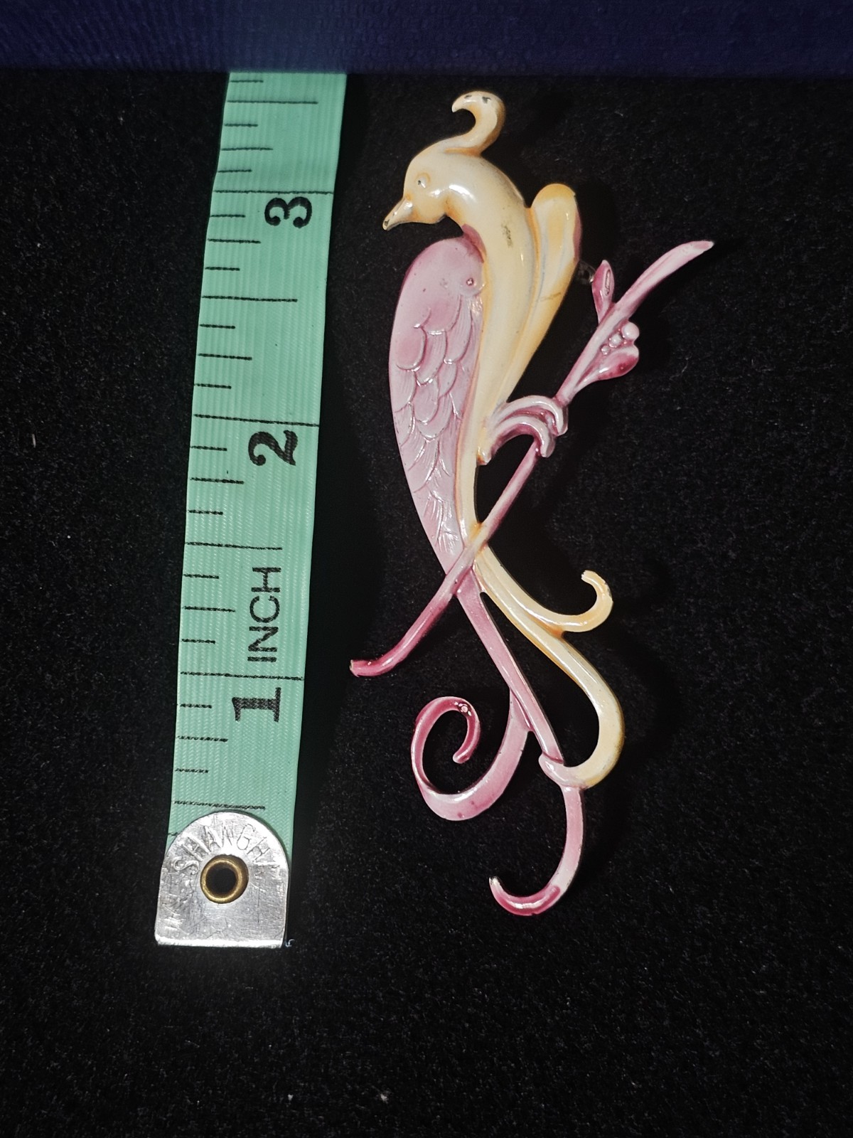 1940s Enamel Bird Brooch Large Vintage Bird Of Paradise Pot Metal Pink