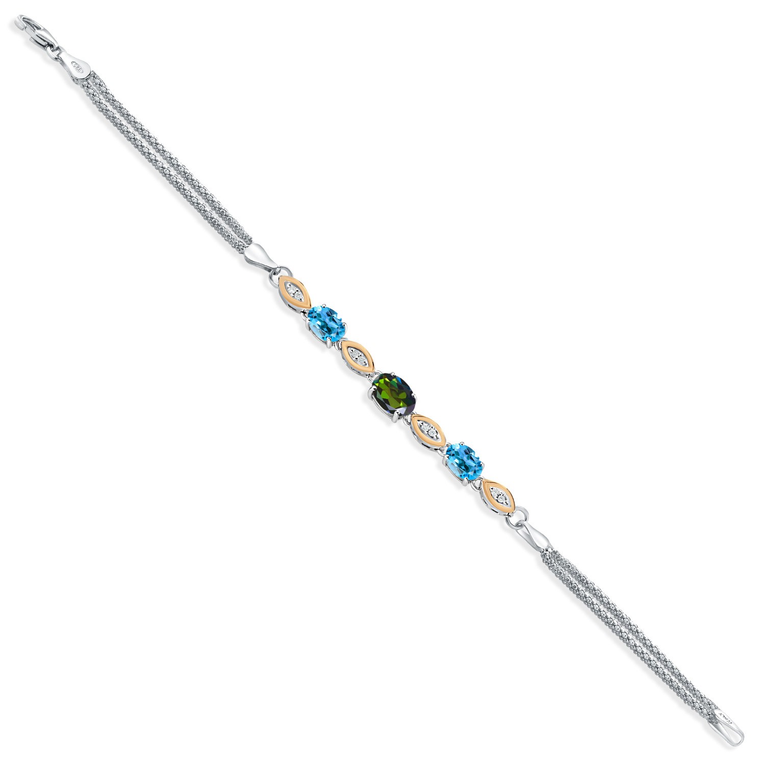 925 Silver and 10K Yellow Gold Tourmaline Green Mystic Topaz and Swiss Blue