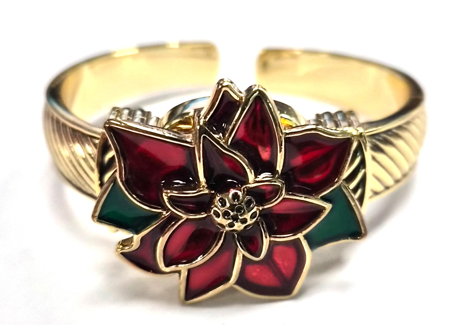 NOS Estate Macy’s Holiday Lane Christmas Poinsettia Hidden Flip Top Cuff Watch