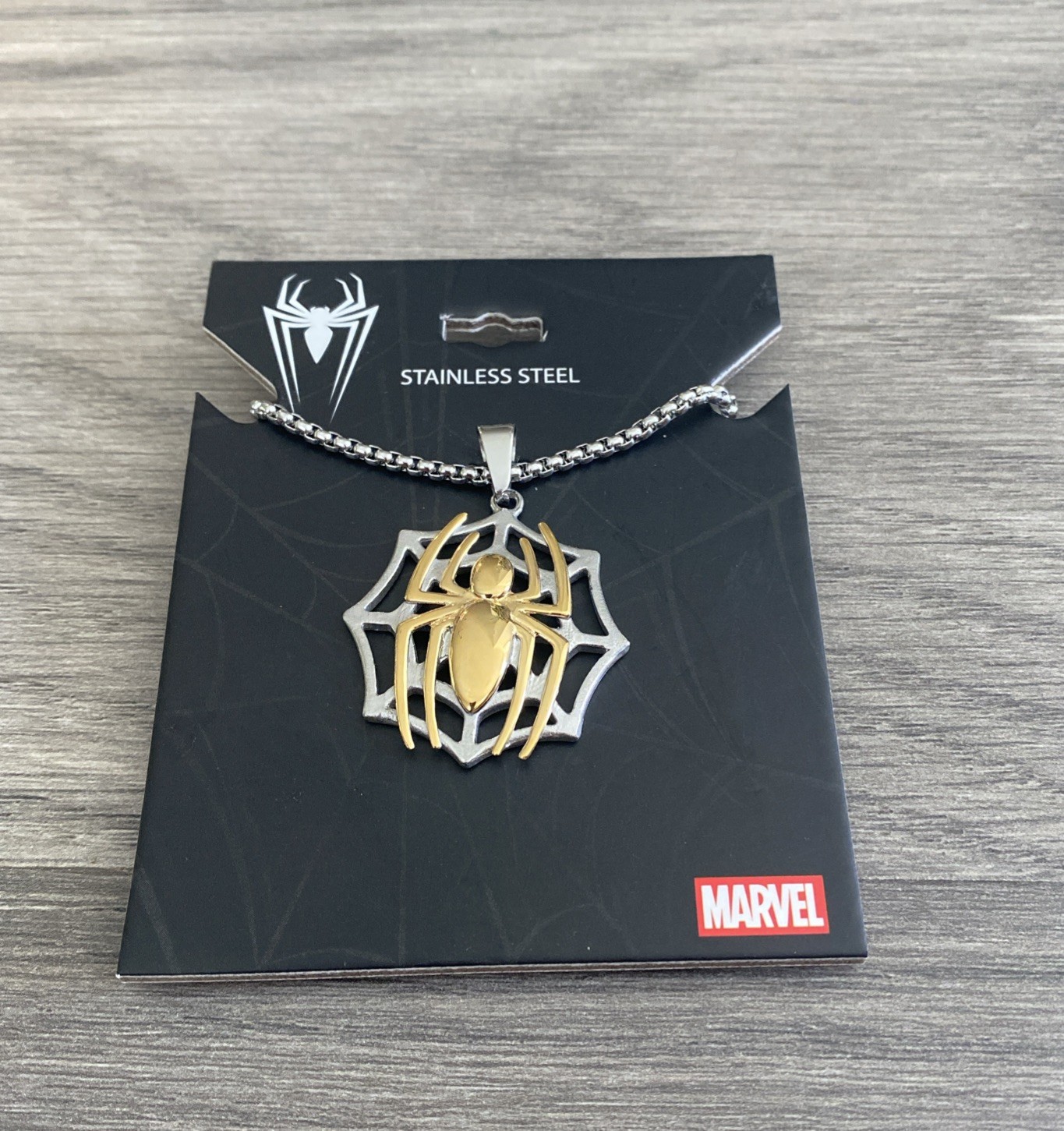 Marvel Men’s Stainless Steel Spider-Man Pendant & Chain 22” Yellow Plated New