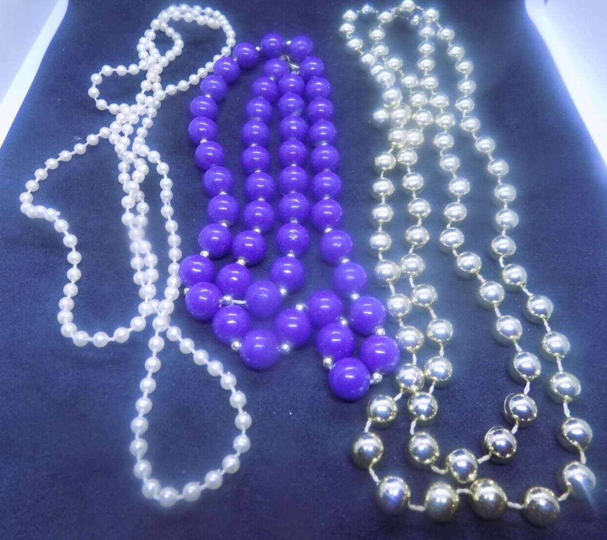Vintage Set of 3 Beaded Strand String Necklaces , gold- white – purple (340)