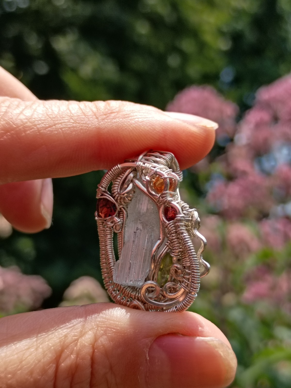 Handcrafted Wire Wrapped Aquamarine Crystal Sterling Silver Amulet Pendant