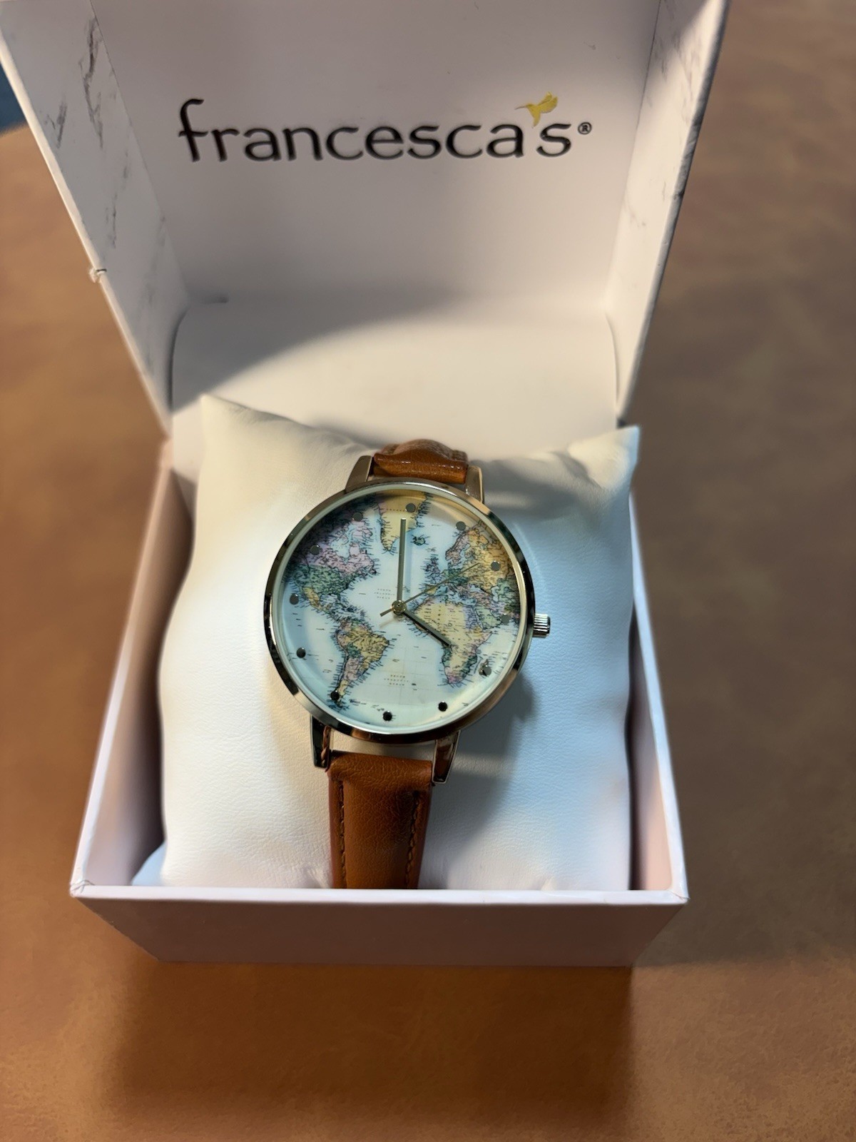 World Map Francescas Women’s Quartz Watch Gold Tone Ladies Leather Band,Box