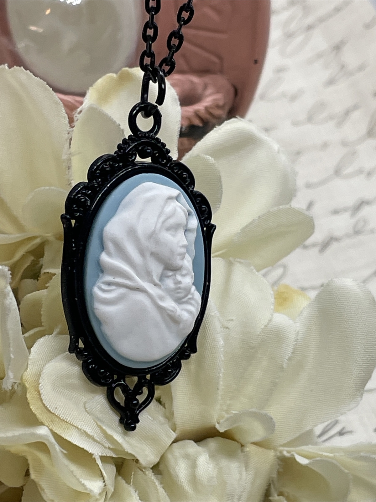 Madonna Mary Child Jesus MOM Heart Jewelry White Mothers Day necklace Cameo Bday