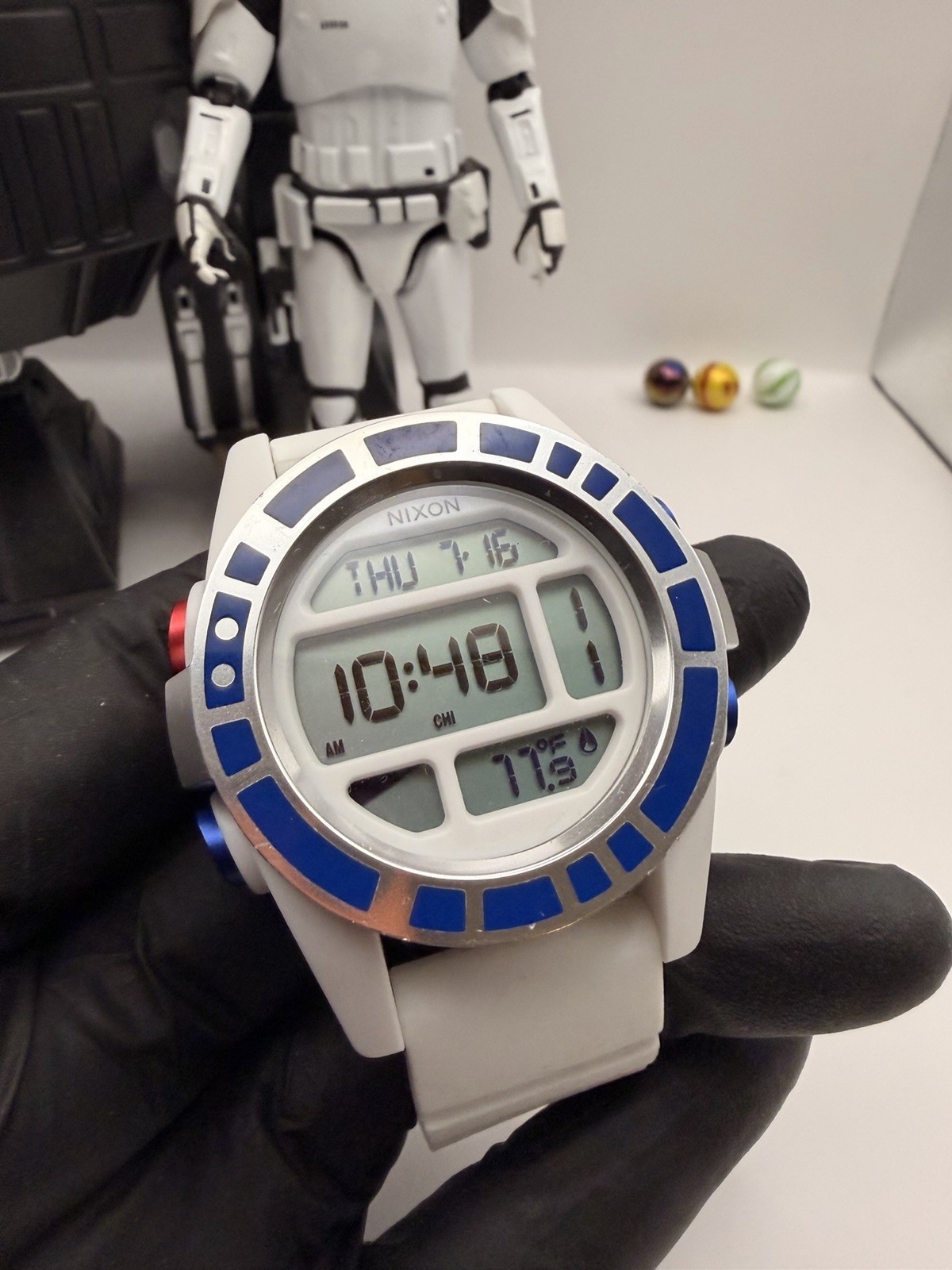 Nixon Star Wars R2-D2 Unit Watch, Featuring a 44mm White Case and a Blue Bezel.