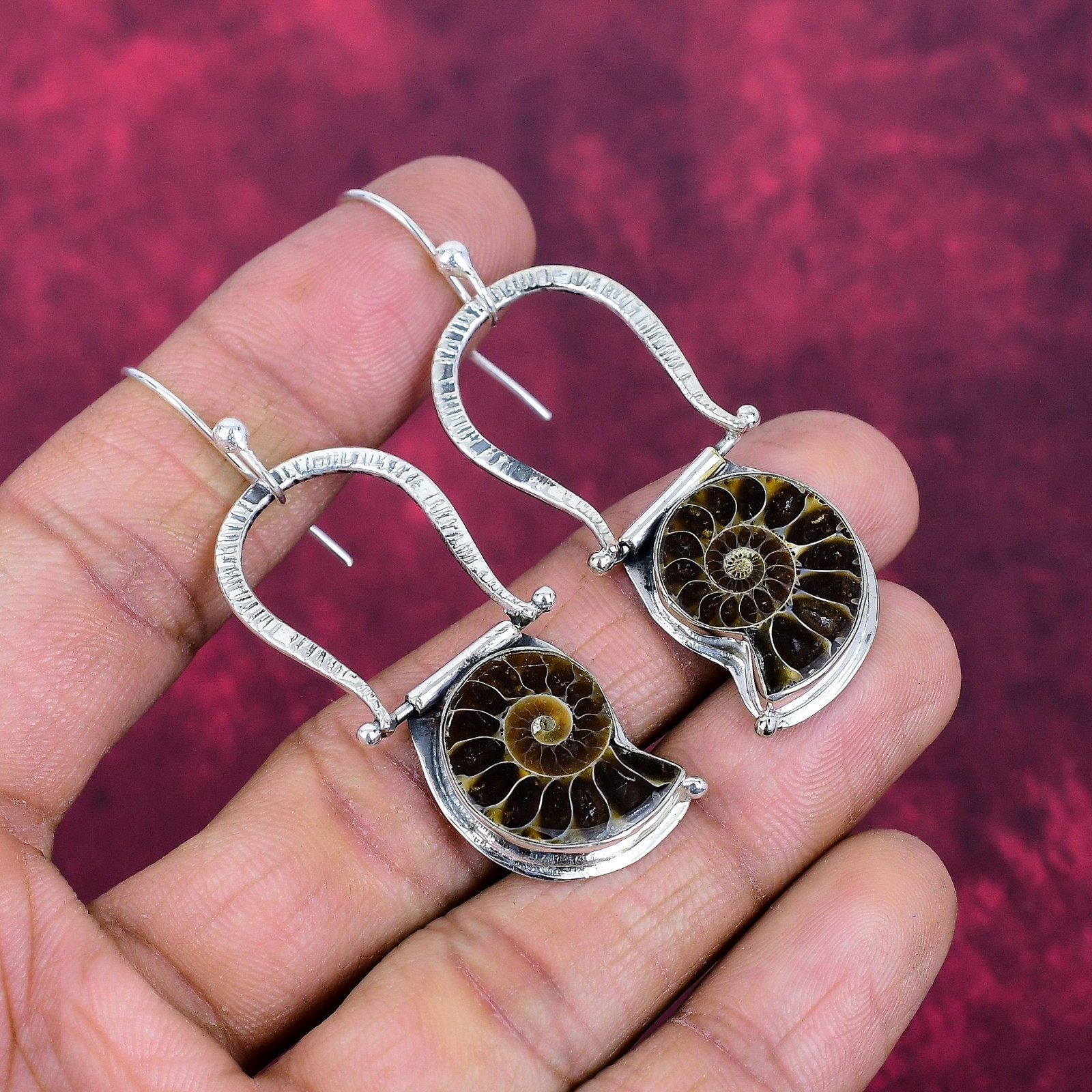 Ammonite Fossil Gemstone 925 Sterling Silver Handmade Bohemian Jewelry Earrings