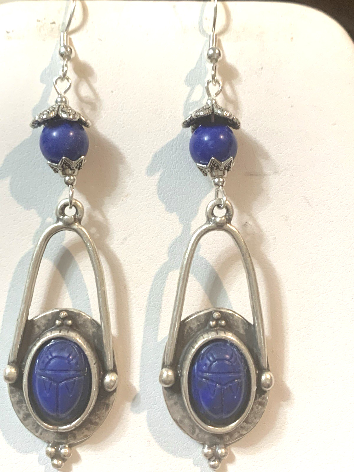 NEW ITEM* HANDCRAFTED EGYPT CARVED VTG. LAPIS SCARAB EARRINGS-NEW-.925 EAR WIRES