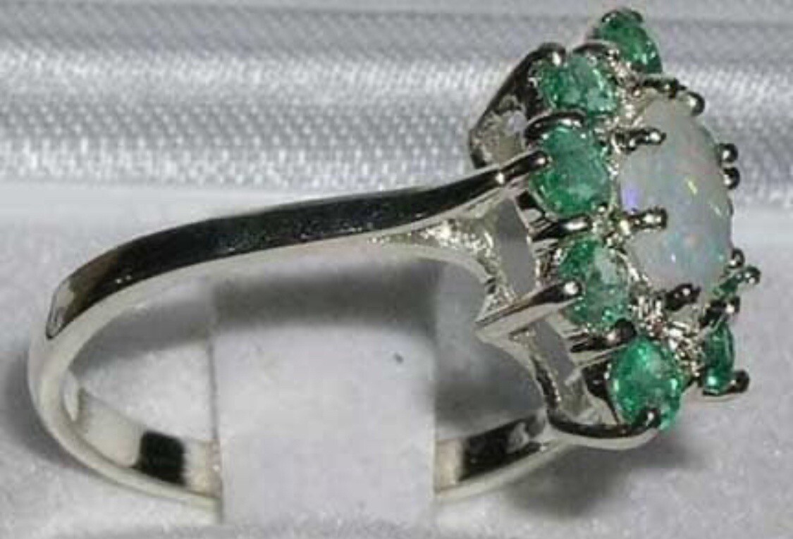 Natural Emerald & White Fiery Opal – English 925 Sterling Silver Ring / Ring