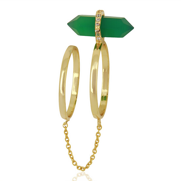 Double Finger Chain Ring, Hip Hop Punk Finger Ring Gold Plated With Green Onyx