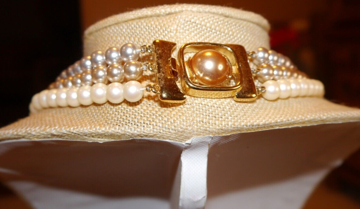 Monet Necklace Faux Pearl Gray Cream Champagne Triple Strand Ornate Box Clasp