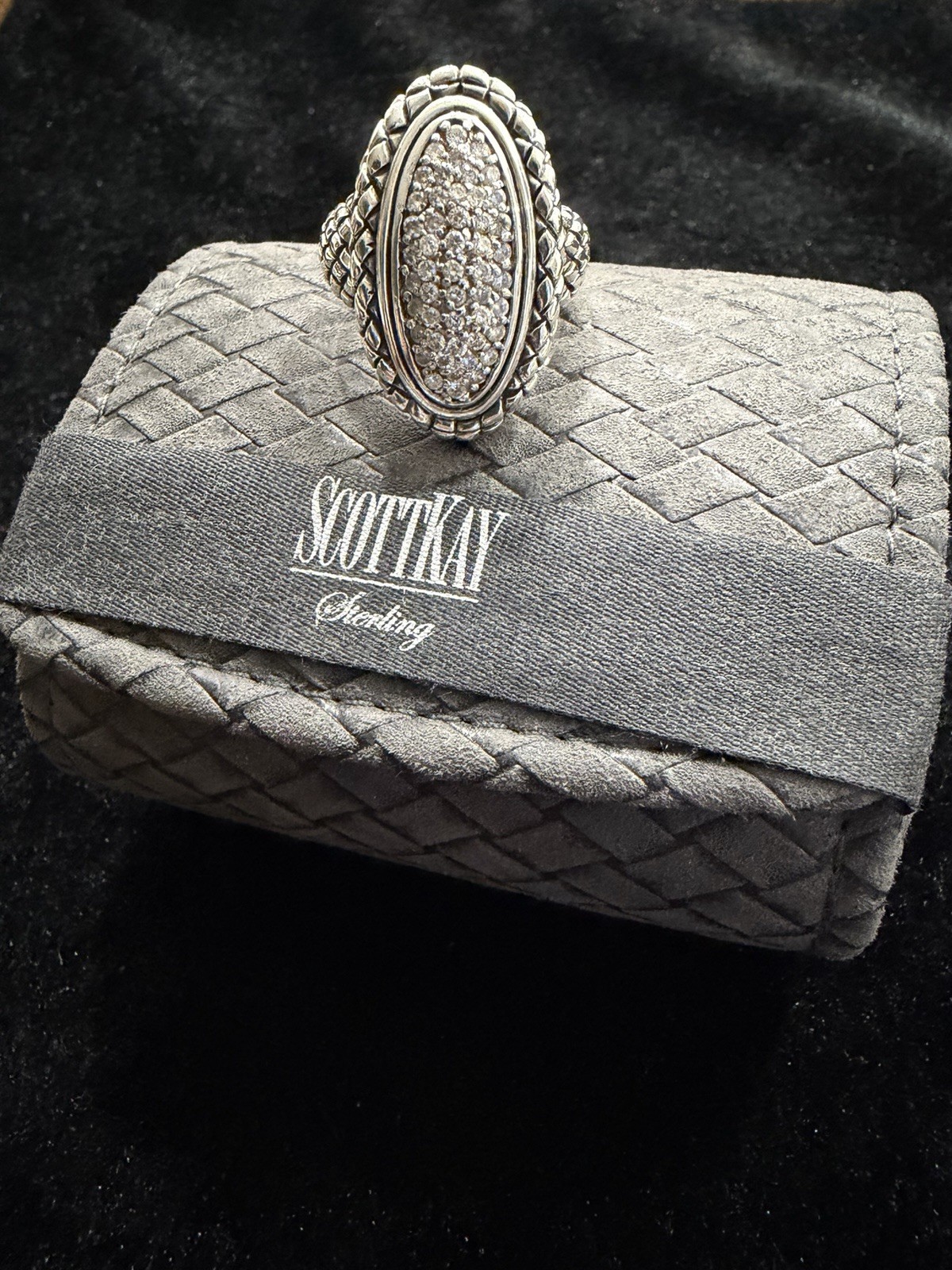 SCOTT KAY Sterling Silver Pave Woven Statement Size 7.5 Bold Cocktail Ring