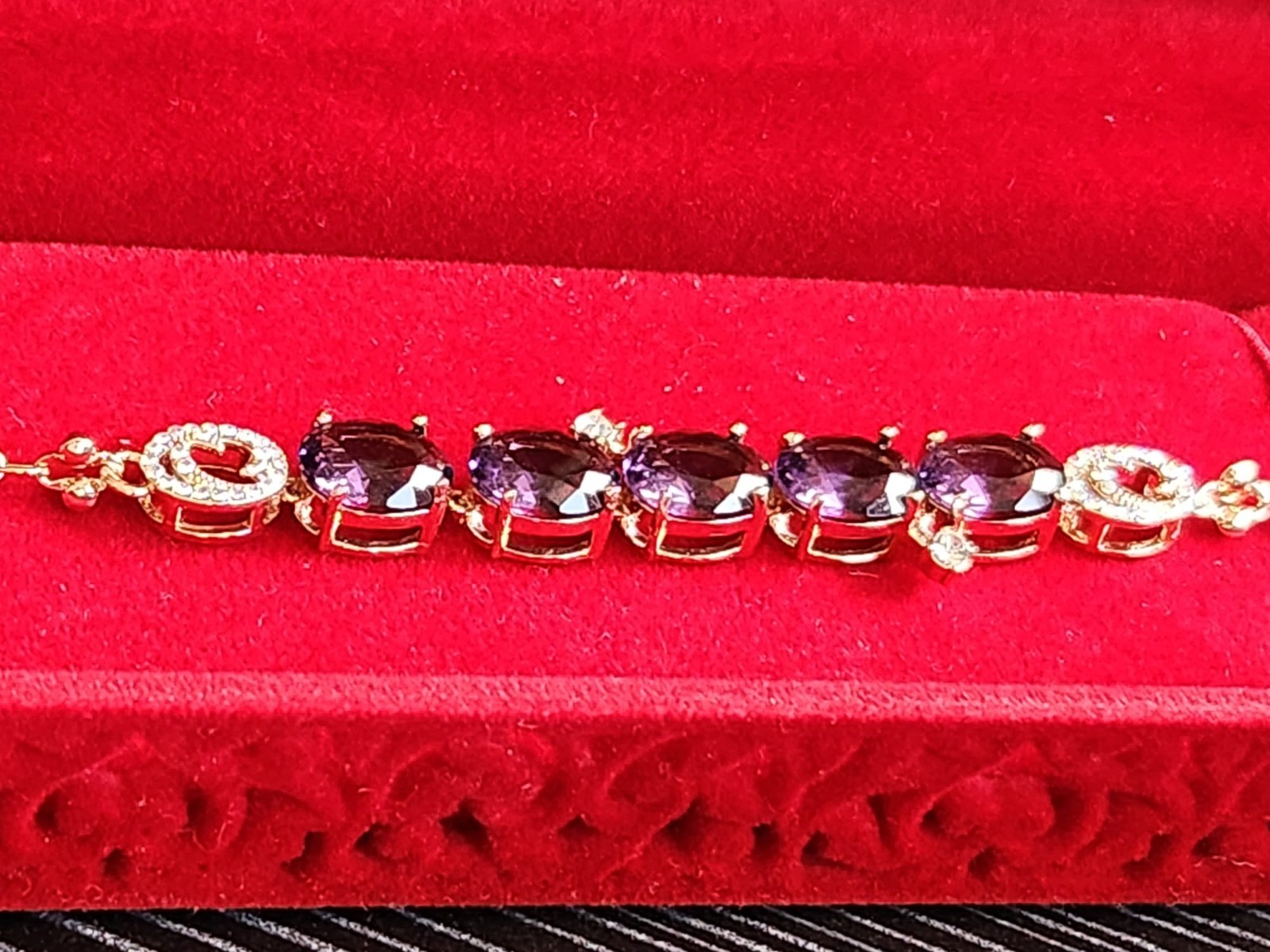 BRACELET ROSE Gold Filled 0.8X24.0CM/LAB-GROWN Amethyst/Diamonds Cut LUXURY/UK/S