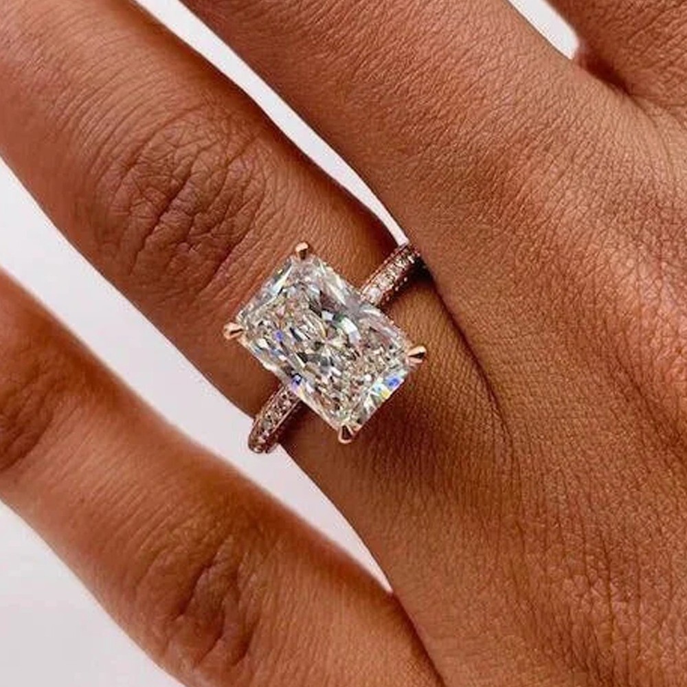 5.59 TCW Emerald Moissanite Hidden Halo Engagement Ring 14K Yellow Gold Plated