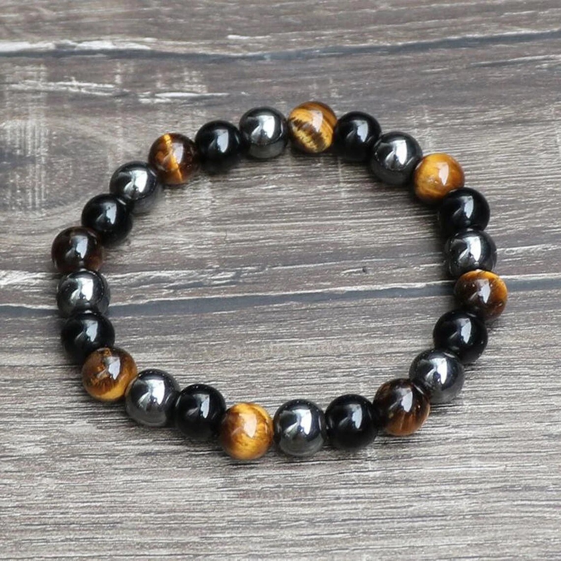 Natural Tiger’s Eye Obsidian Hematite Stone Beaded Bracelet for Strength Balance