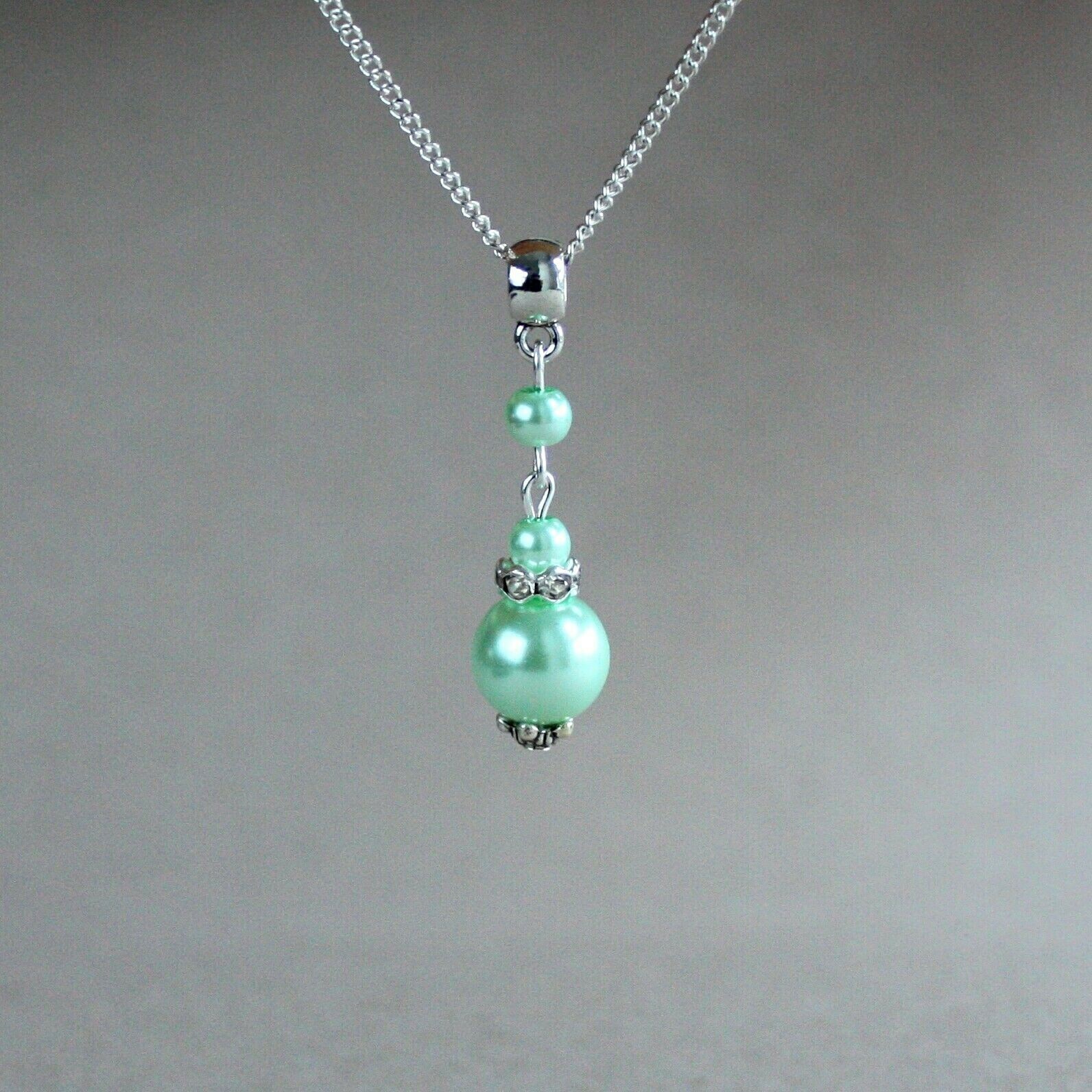 Mint green pearls silver plated chain wedding bridesmaid bridal pendant necklace
