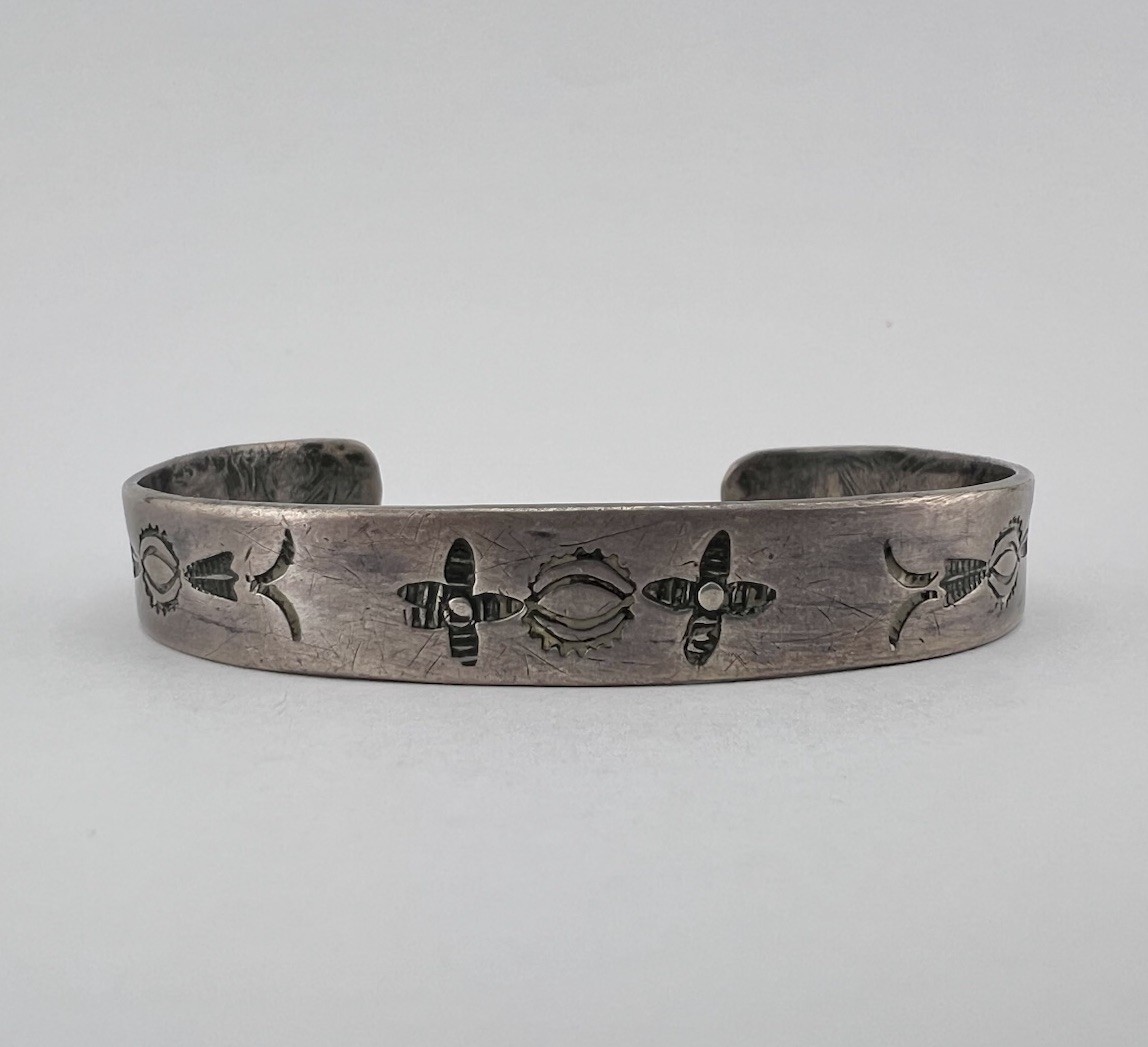 OLD Pawn 1930’s Fred Harvey Navajo Coin Silver Hand Stamped Cuff Bracelet