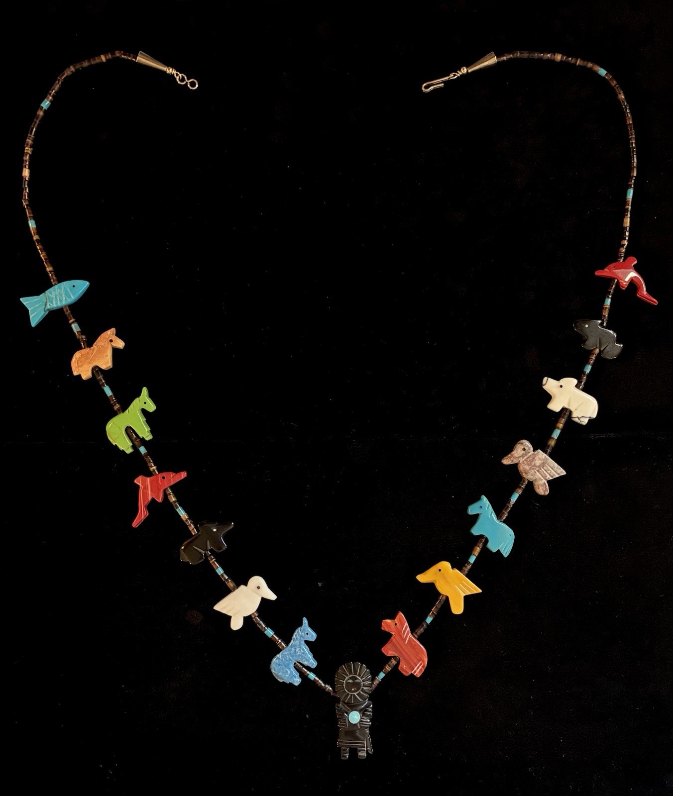 VINTAGE 15 KACHINA ANIMAL FETISH NECKLACE GEMSTONE SILVER SOUTHWESTERN TURQUOISE