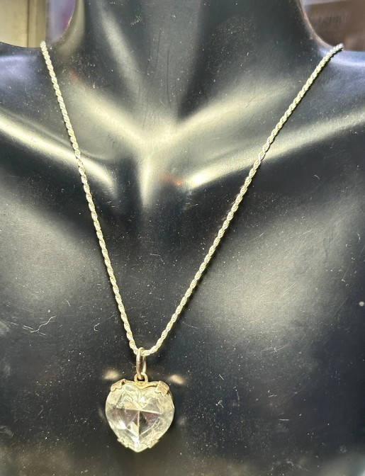 1970s Vintage Silver Tone Heart Crystal Pendant Necklace, Signed TONIC