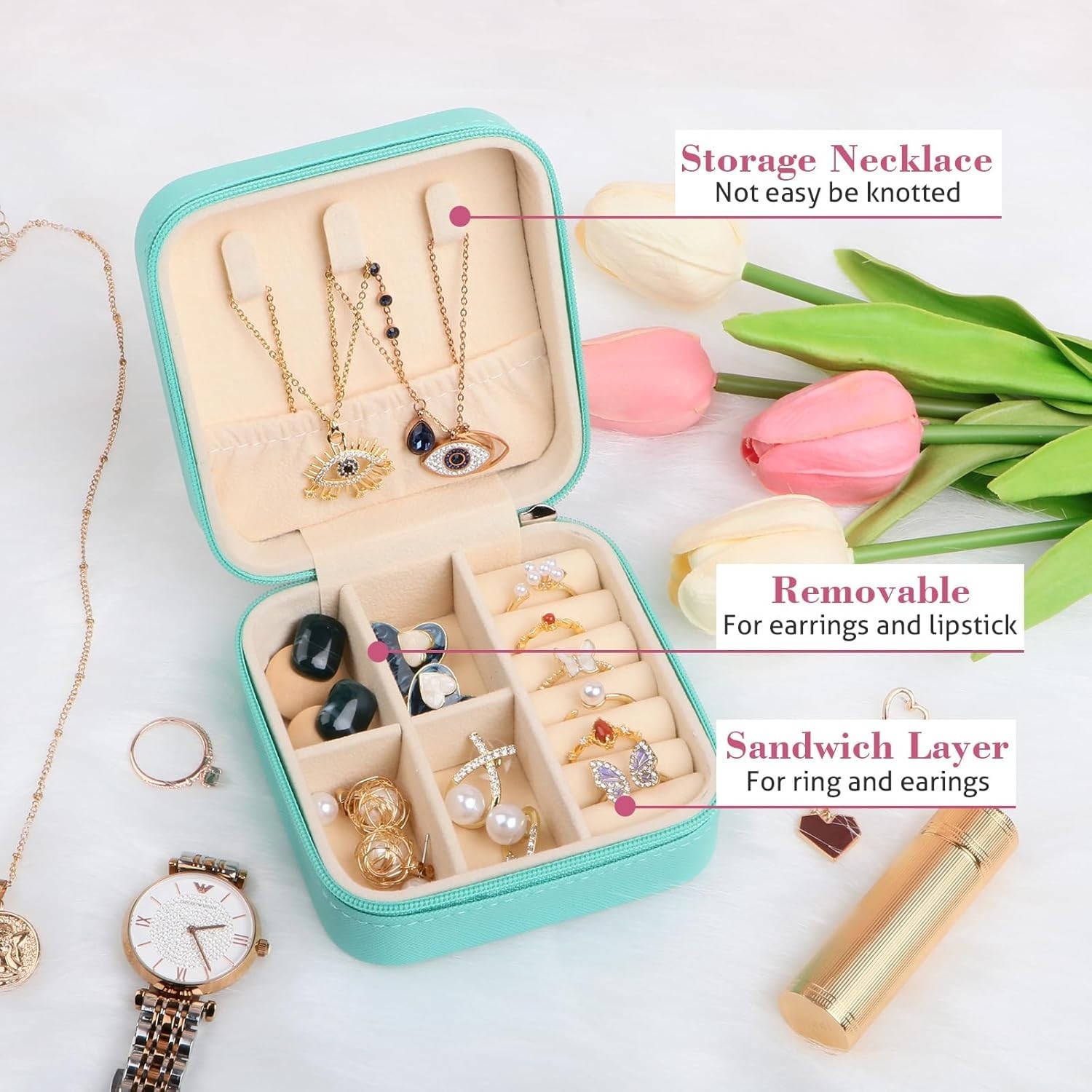 Small Travel Jewelry Box Organizer – Girls Women Gift Rings Earrings Necklaces J