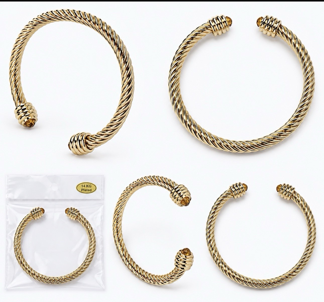 14KG Gold Plated Twisted Cable Cuff Bracelet Fixed Size 20cm New in Bag