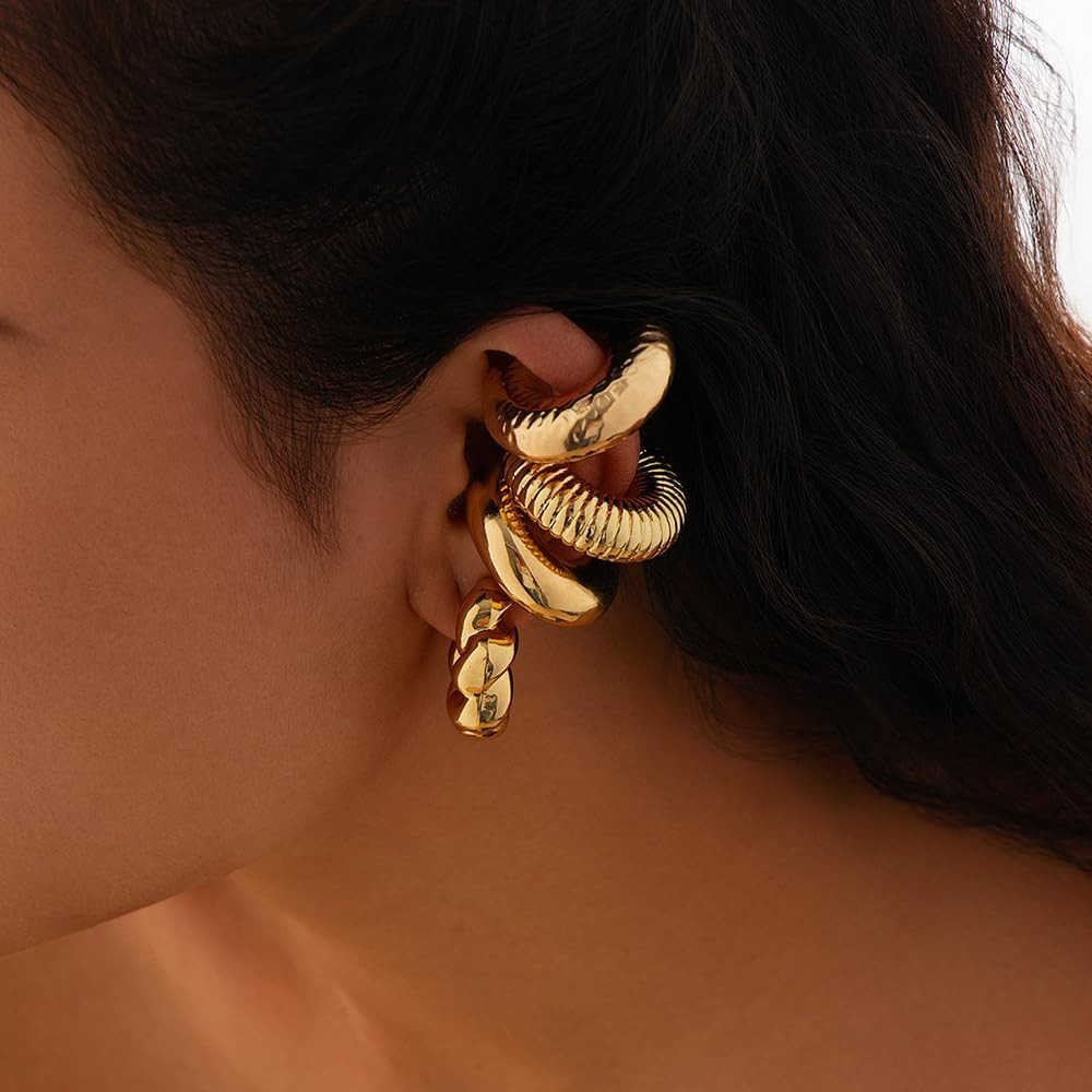 4 Pcs Chunky Ear Cuffs Non Piercing for Women, Golden C-Shaped Clip on Cartilage