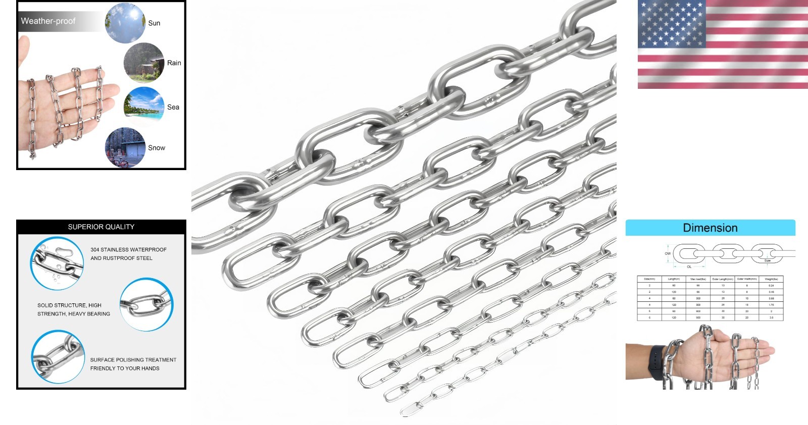 Weather-Resistant 304 Stainless Steel Chain – Optimal Strength 2mm/5ft Length