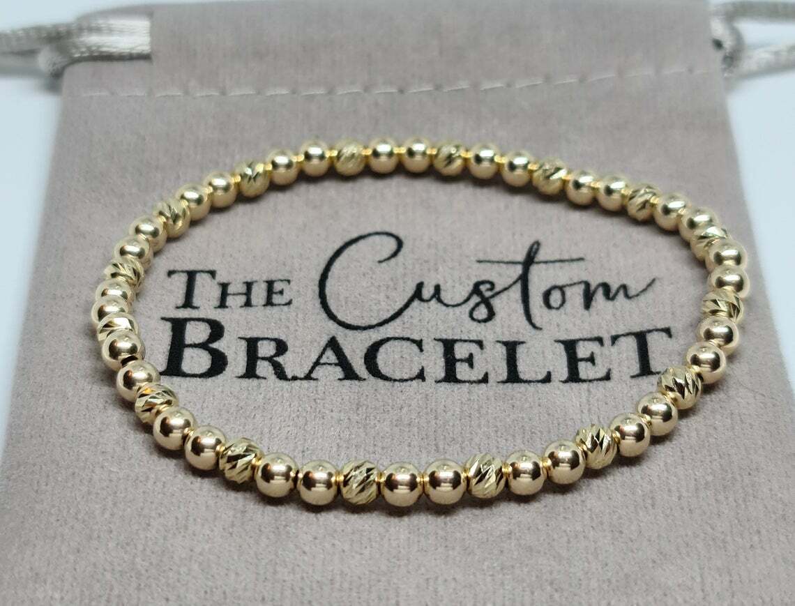 14K Solid Yellow Gold Bar Cut Faceted /Smooth Round 4mm Stretch Unisex Bracelet