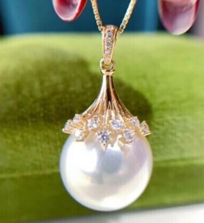 Huge AAAA 16mm Perfect Round white south sea Shell Pearl Pendant 14k gold