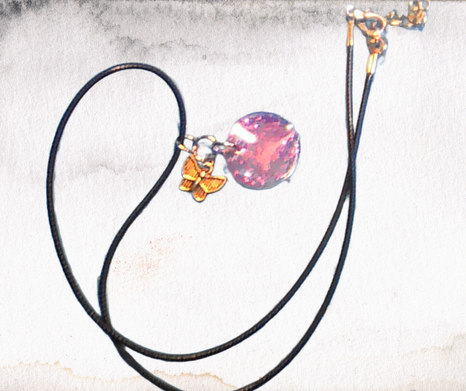 Handmade Butterfly Resin Pendant Necklace Round Silver Charm Black Cord 18″